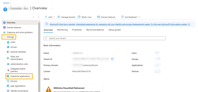 Microsoft Entra ID Overview page showing basic account information.