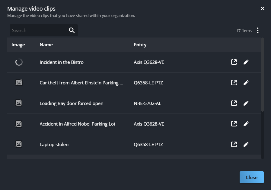 The Manage video clips dialog in Operation web showing a list of video clips from different cameras.