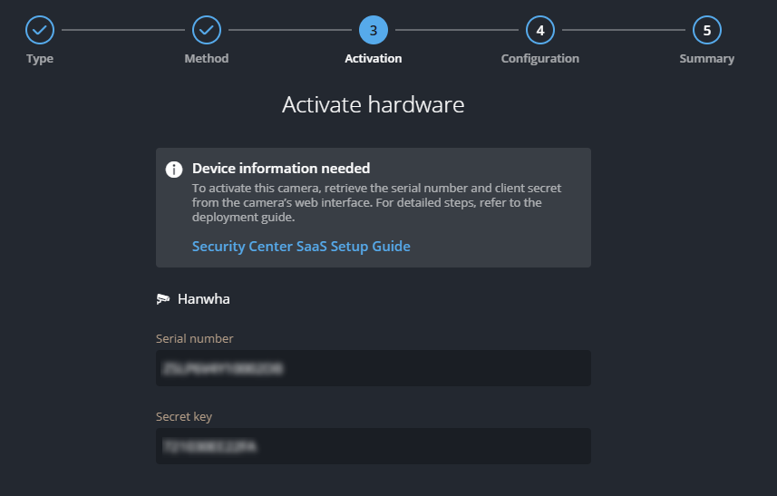 Enter the serial number and secret of the device.