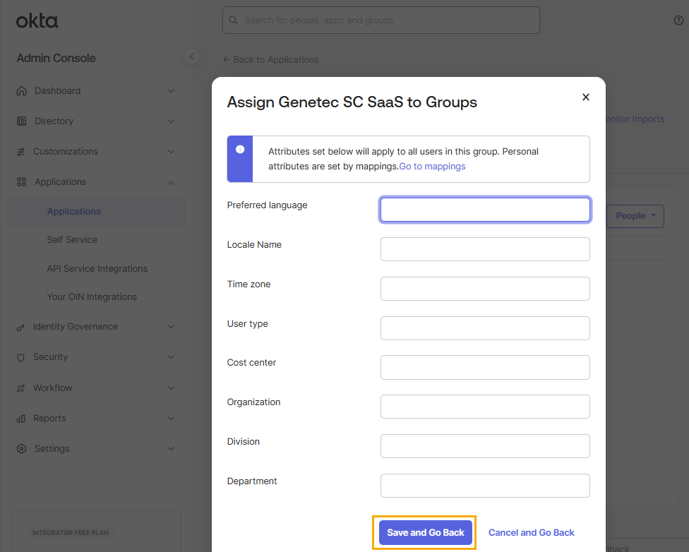 Okta applications page showing the assign settings fields in the Assign to Groups dialog.