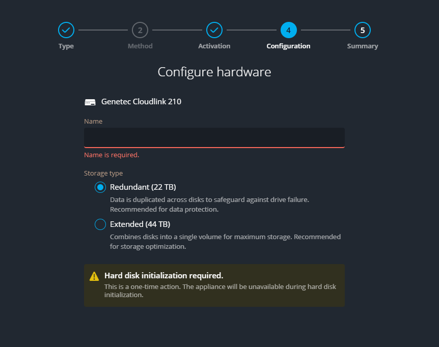 Select a storage type and Recording mode option on the Configuration page.