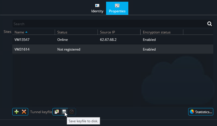 System task in Genetec Configuration desktop showing the Reverse Tunnel Server role with the Save keyfile to disk highlighted.