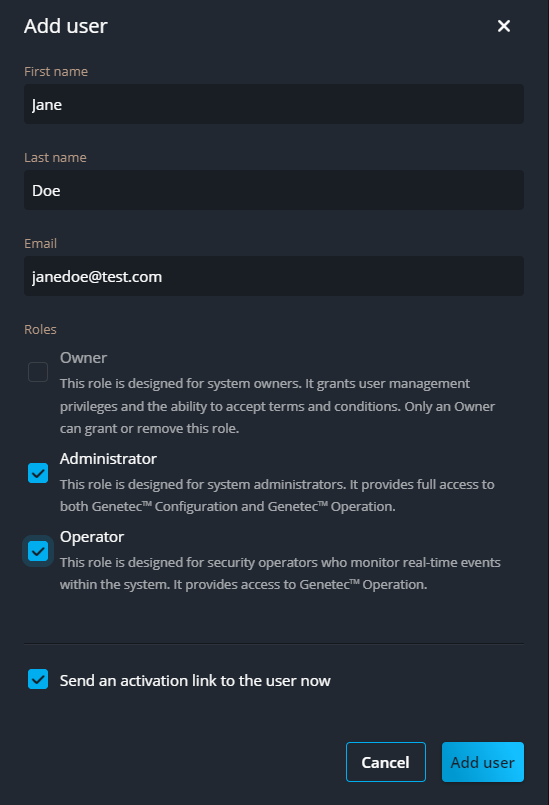 Add user dialog in Genetec Configuration.