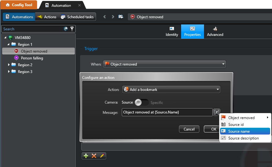 The Automations page showing a contextualized action configured to use the source entity's name in a bookmark message.