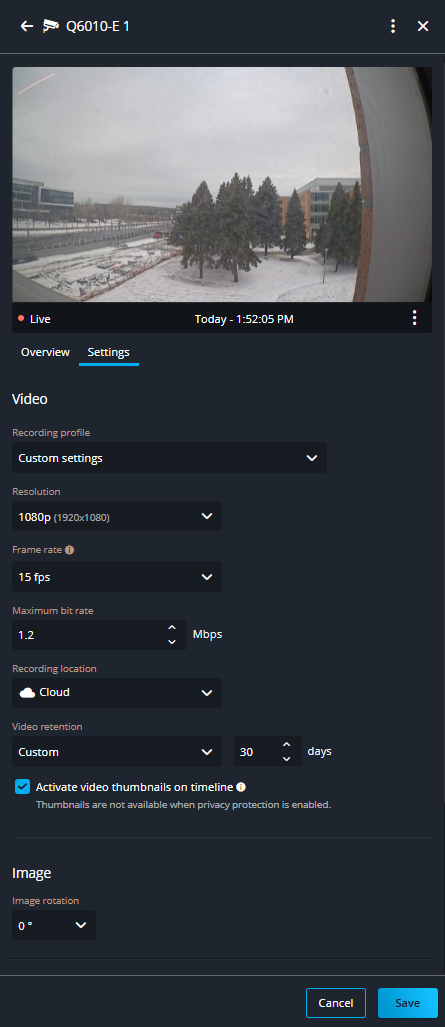 Camera settings tab in Security Center SaaS showing custom settings configuration.