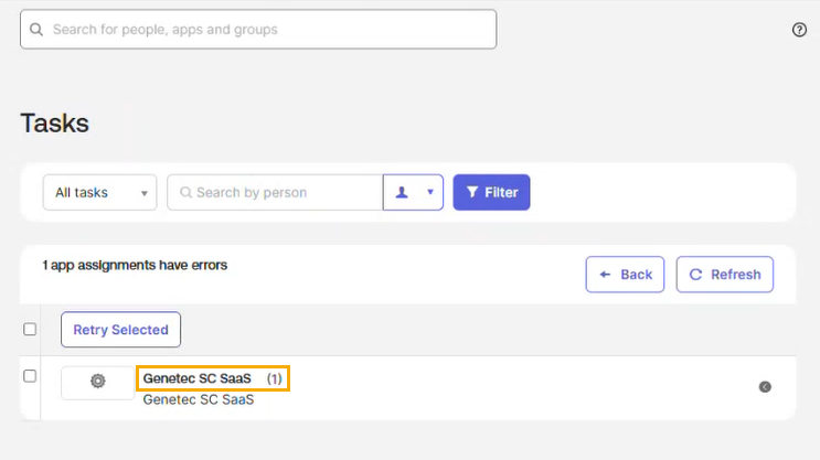 Okta application Tasks list showing app assignments have errors with the application highlighted.