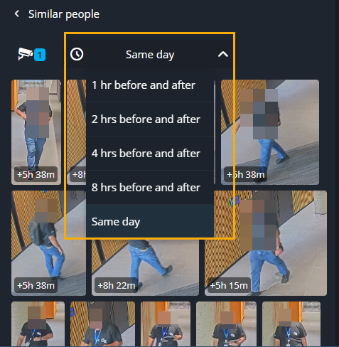 Similar people section of the Investigation task side pane in Genetec Operation showing the time picker options.