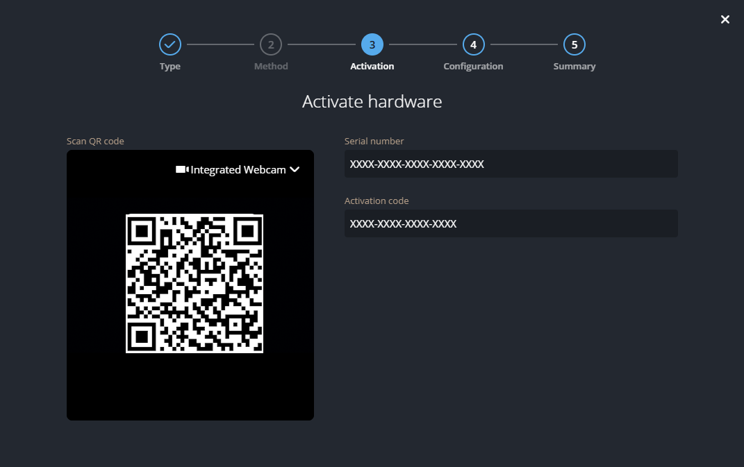 Scan a QR code and enter serial number and activation code in the Activation window.