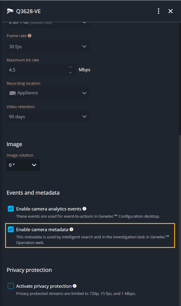 Events and metadata section of the device settings tab in Security Center SaaS with the Enable camera metadata checkbox selected.