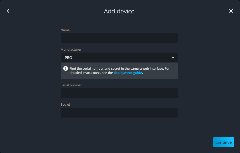 Add device fields in Genetec Configuration, showing the required information for i-PRO.