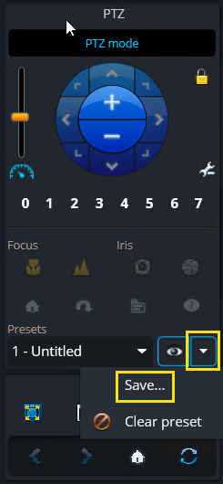 PTZ widget in the desktop camera sidebar with Go to PTZ preset controls highlighted.