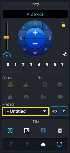 PTZ widget in the desktop camera sidebar with Presets list highlighted.