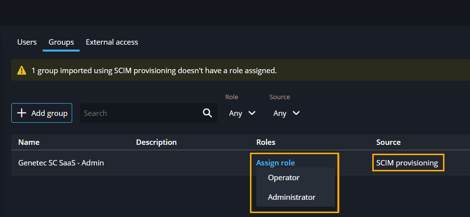 Groups tab in the Configuration task showing the assign role option and a group with no role assigned.