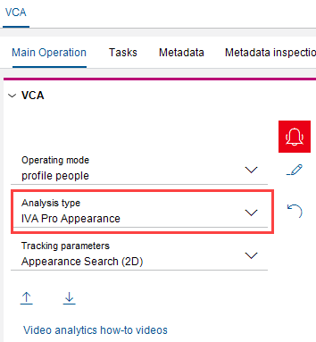 Bosch camera web page showing video analytics analysis type setting.