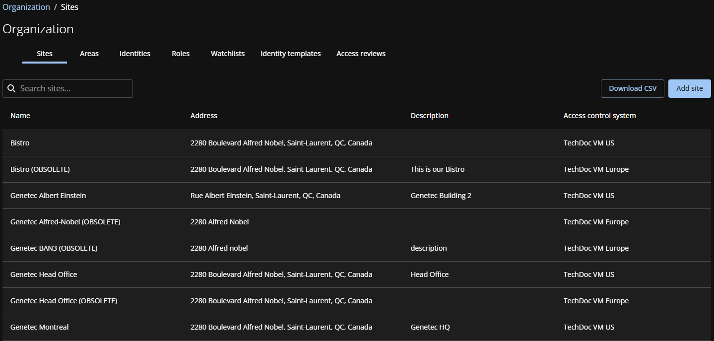 Sites list in ClearID showing a list of sites including their name, address, and description.