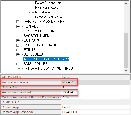 The Automation/Remote App settings in Bosch RPS with the Automation Device and Automation Passcode settings highlighted.