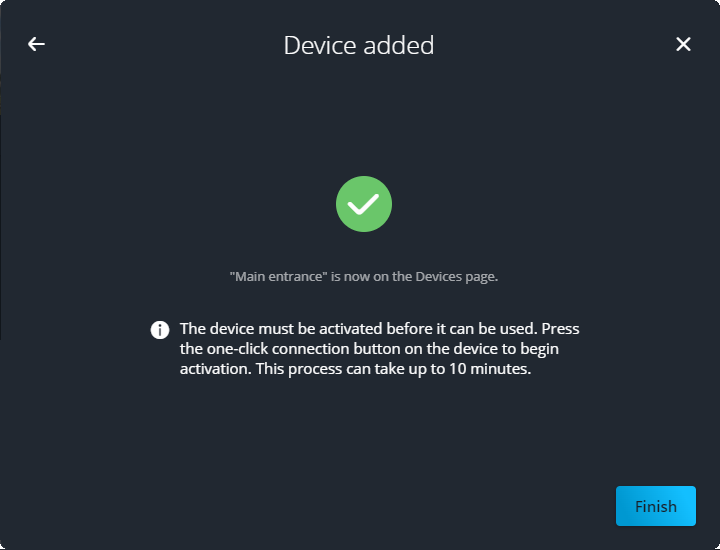 Device added dialog box with instructions and the Finish button.