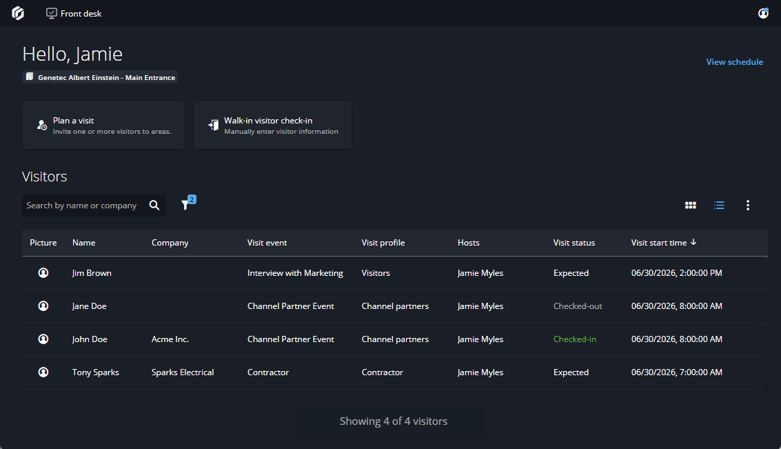 The Front desk task in Security Center SaaS, showing a list of checked-in, checked-out, and expected visitors.