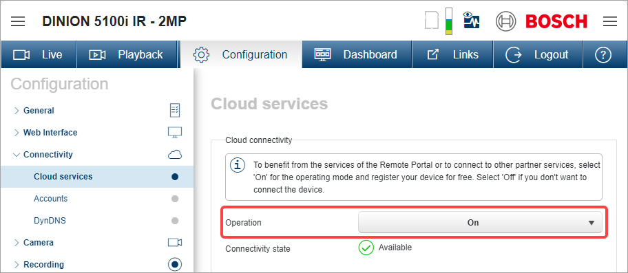 The Cloud services page on a Bosch camera, showing the Operation setting.