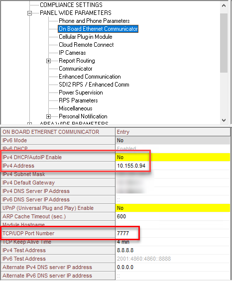 The on-board ethernet communicator setting in Bosch RPS, with the IPV4 DHCP/AutoIP Enable, IPv4 Address, and TCP/UDP Port Number fields highlighted.
