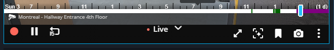 Intelligent search timeline in Genetec Operation showing Live video at a specific time.