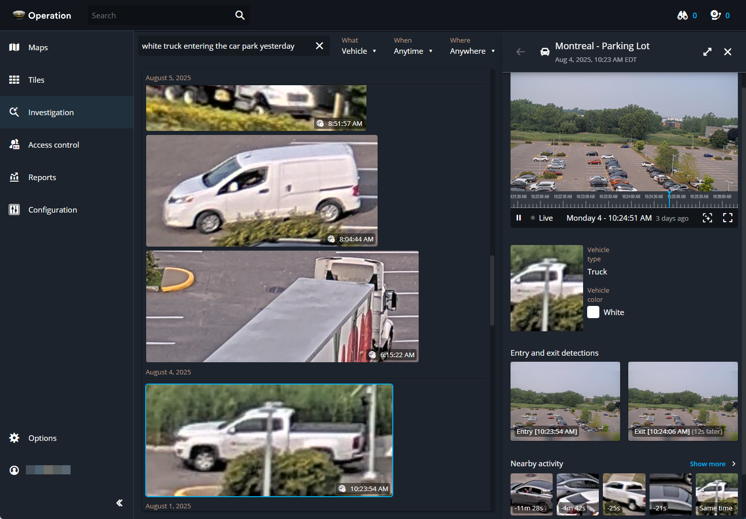 Investigation task in Genetec Operation showing a natural language search query with filters selected and intelligent search detection results in the side pane.