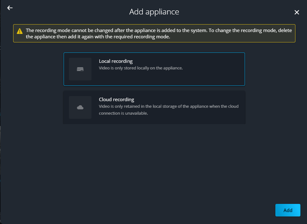 Add appliance dialog in Genetec Configuration web showing recording modes for a Genetec Cloudlink 310.