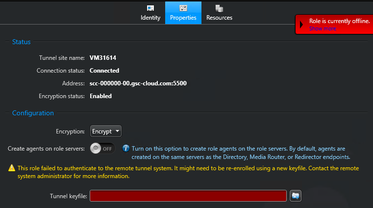 System task in Config Tool showing the Reverse Tunnel Properties tab when a tunnel reset is required.