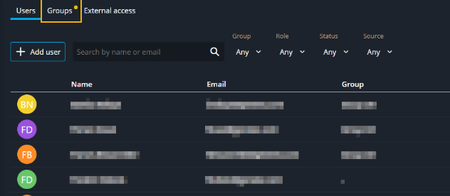 Groups tab in the Configuration task with a yellow dot indicating that action is required for one or more groups.