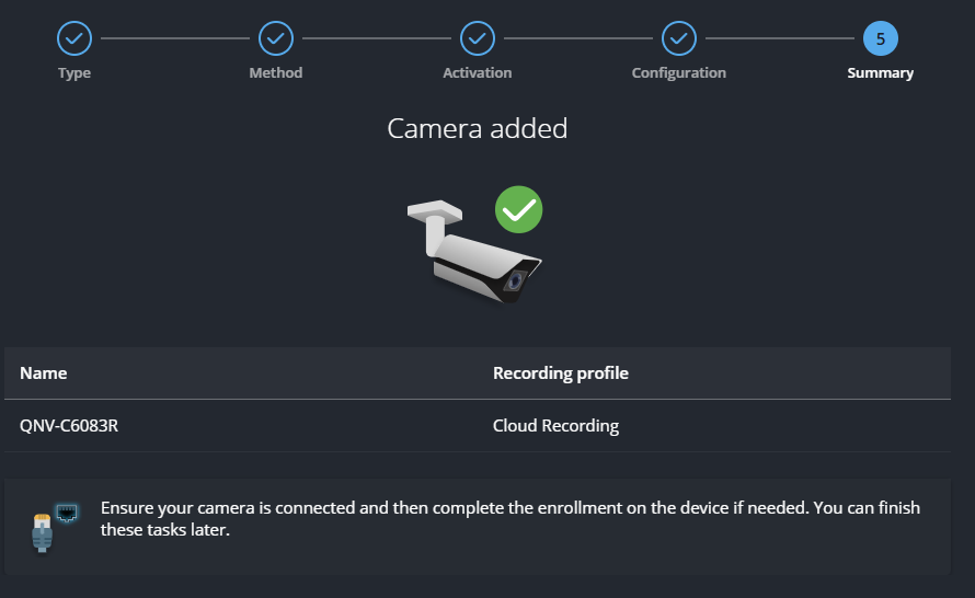 The Summary page shows that the camera has been added to Security Center SaaS.
