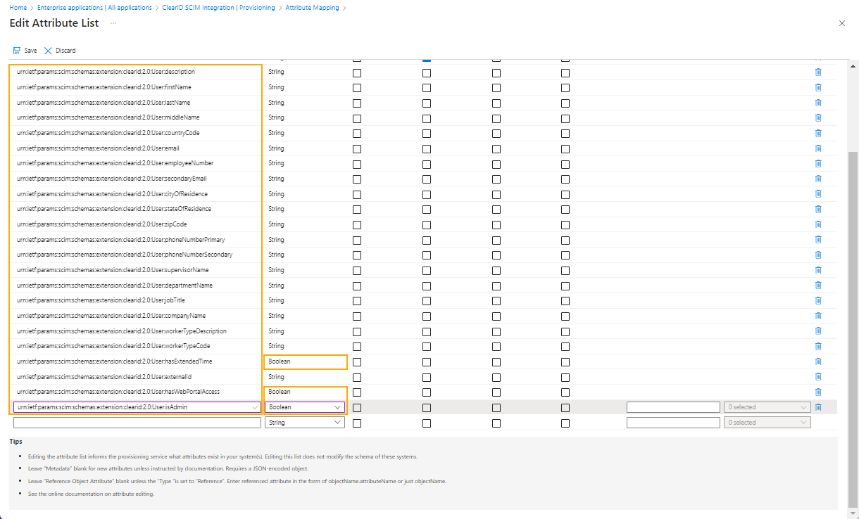 Edit attribute list page in Microsoft Azure showing customappsso user attributes with newly added attributes highlighted.