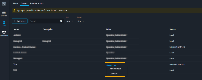 Groups tab in Genetec Configuration showing the assign role option and a group with no role assigned.