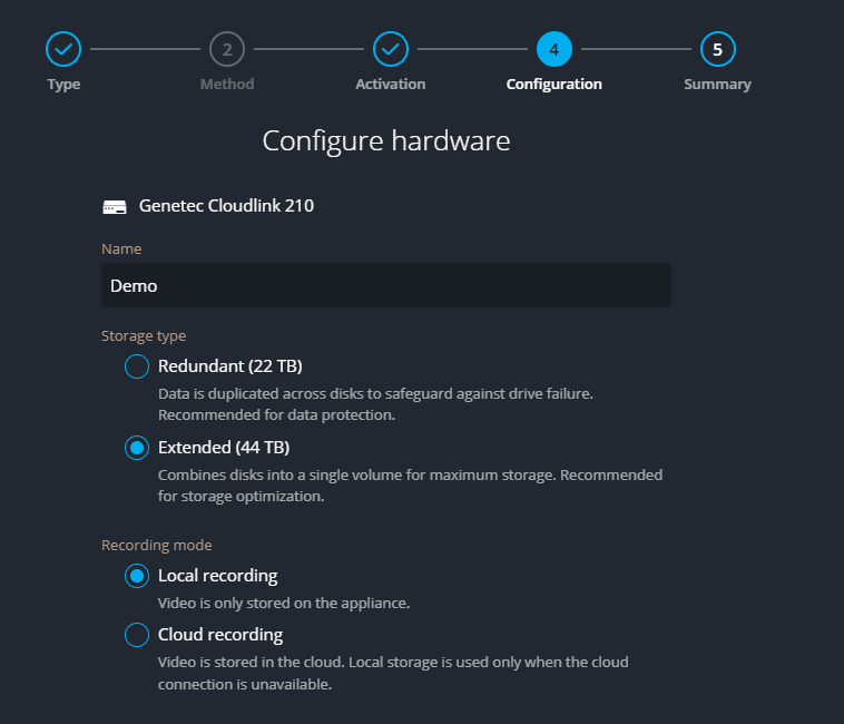Select a storage type and Recording mode option in the Configuration window.