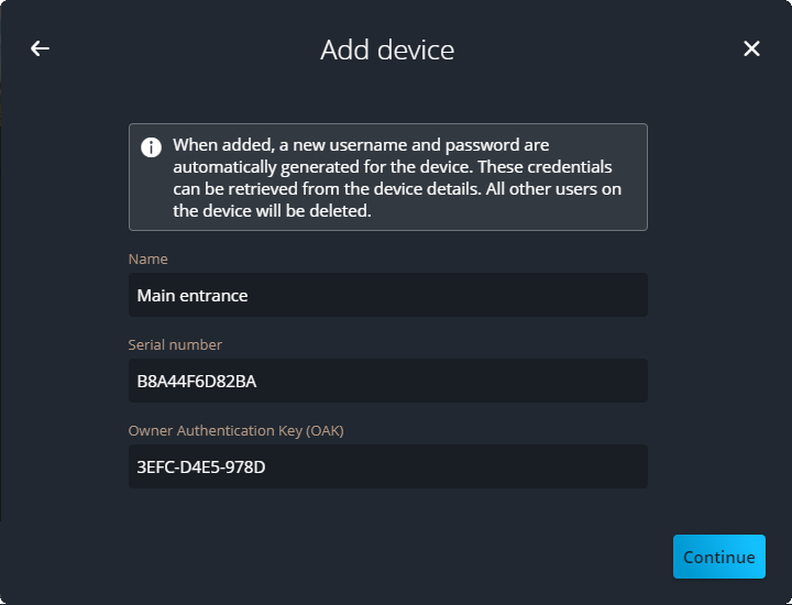 Add device dialog box with three fields to enter and the Continue button.