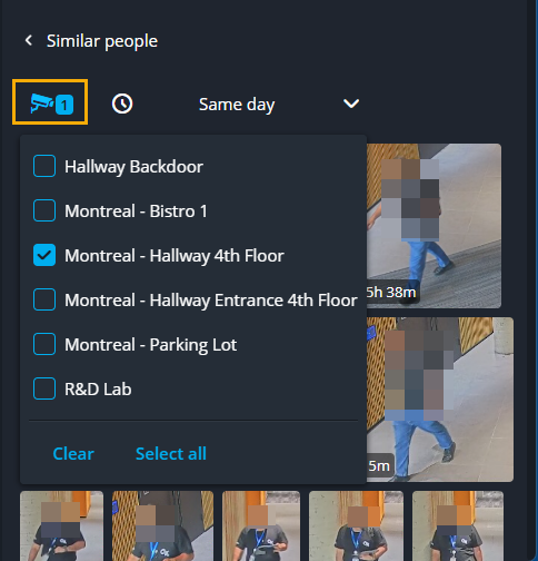 Similar people section of the Investigation task side pane in Genetec Operation showing the camera selector options.