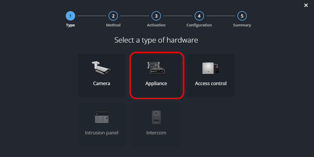 Select an appliance option in the Type window.