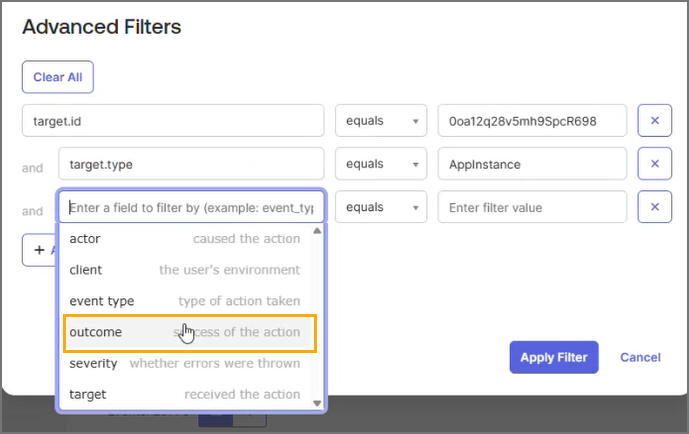Okta system log advanced filters dialog showing and statement filter options with the outcome value highlighted.
