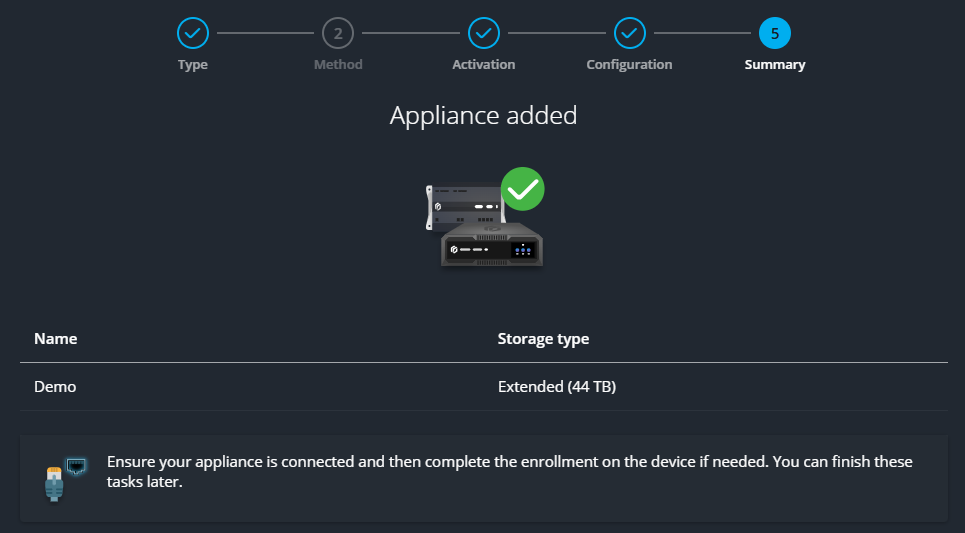 The appliance is shown as added in Summary window.