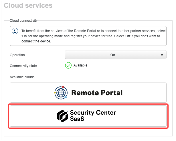 The Cloud services page on a Bosch camera, showing the Security Center SaaS option.