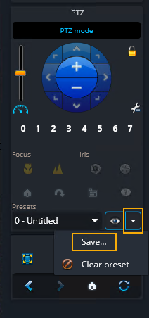 PTZ widget in the Genetec Operation desktop camera sidebar with Go to PTZ preset controls highlighted.