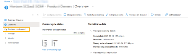 Microsoft Entra ID Provisioning overview page with the Provision on demand option highlighted.