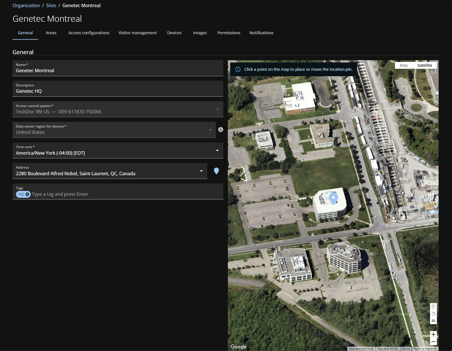 New site page in ClearID showing general site information with fields completed.
