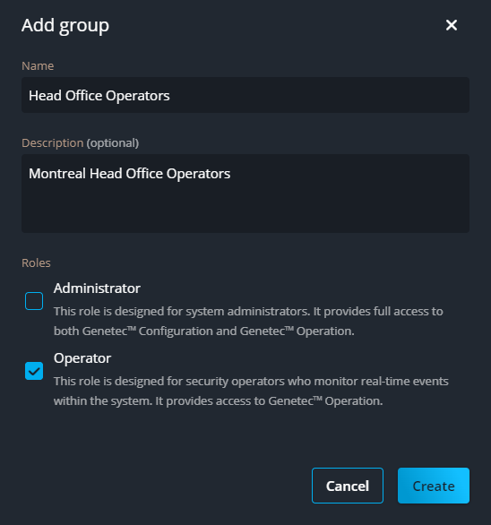 Add group dialog in Genetec Configuration.