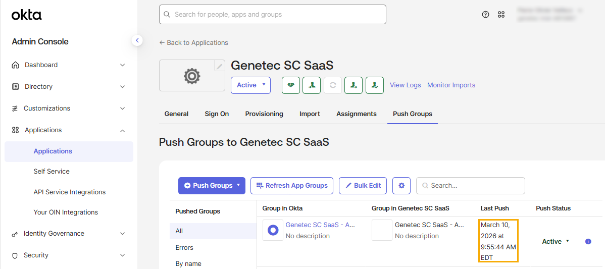 Okta Applications page with the Push Groups Last Push status highlighted.