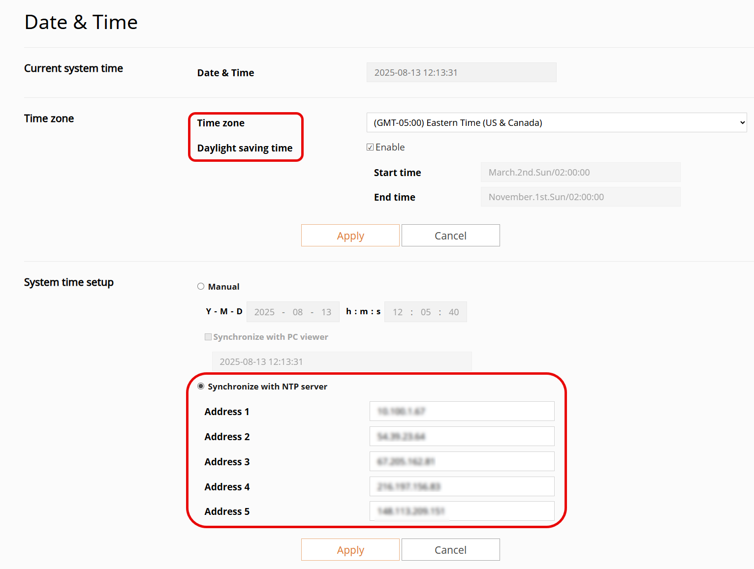 Adjust system time, time zone, and NTP server settings.