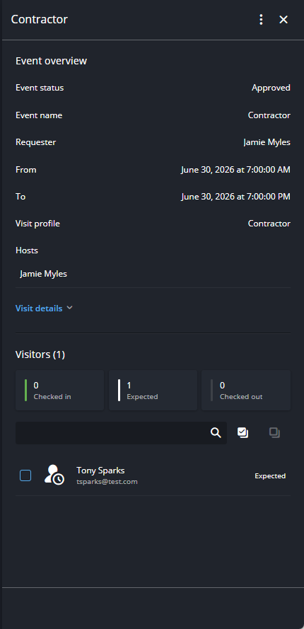 The visit event details pane in Front desk showing additional information in the visit Overview tab and Visitors tab.