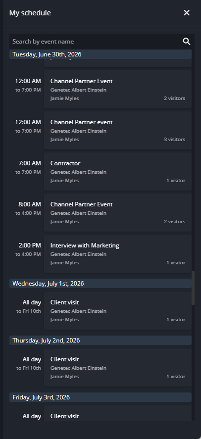 The My schedule pane in Front desk showing the visit event schedule.