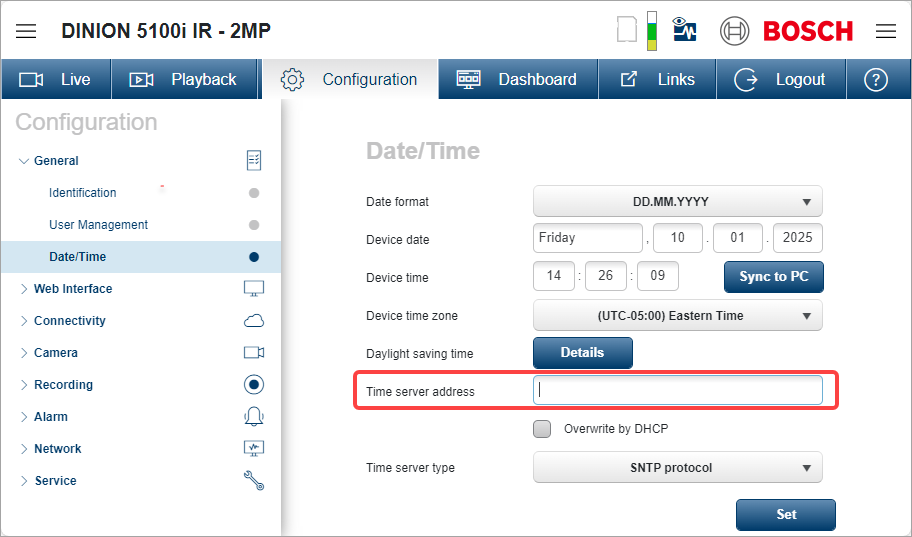 The Date/Time page on a Bosch camera, showing the Time server address field.