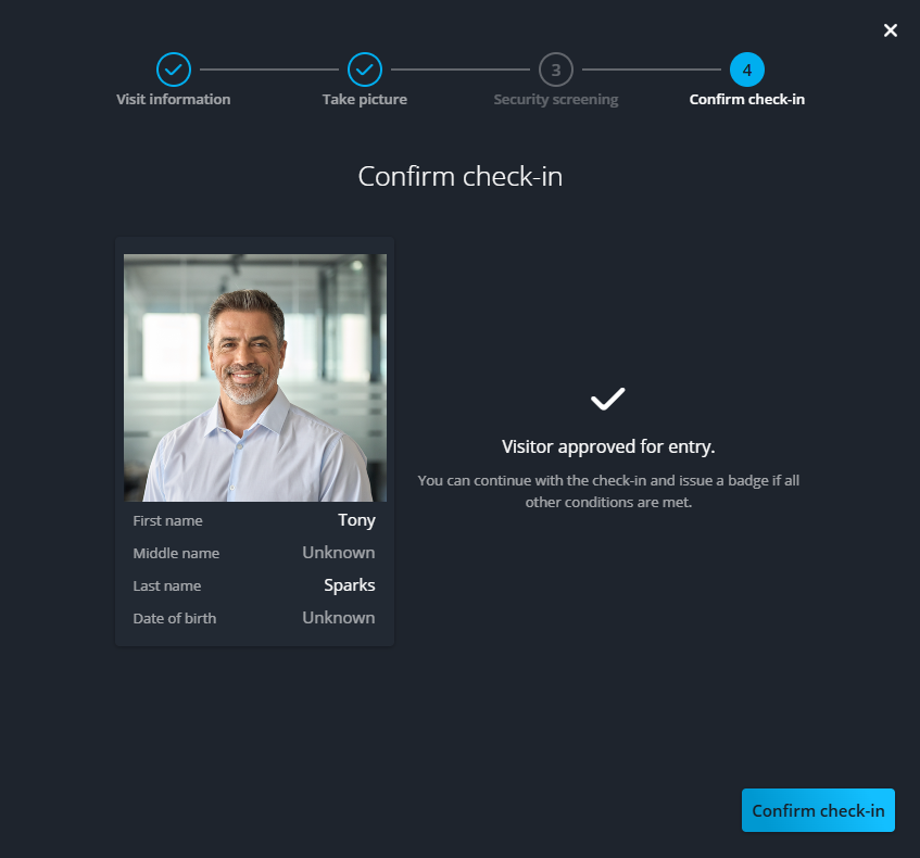 Walk-in visitor check-in dialog in Front Desk showing Confirm check-in information.