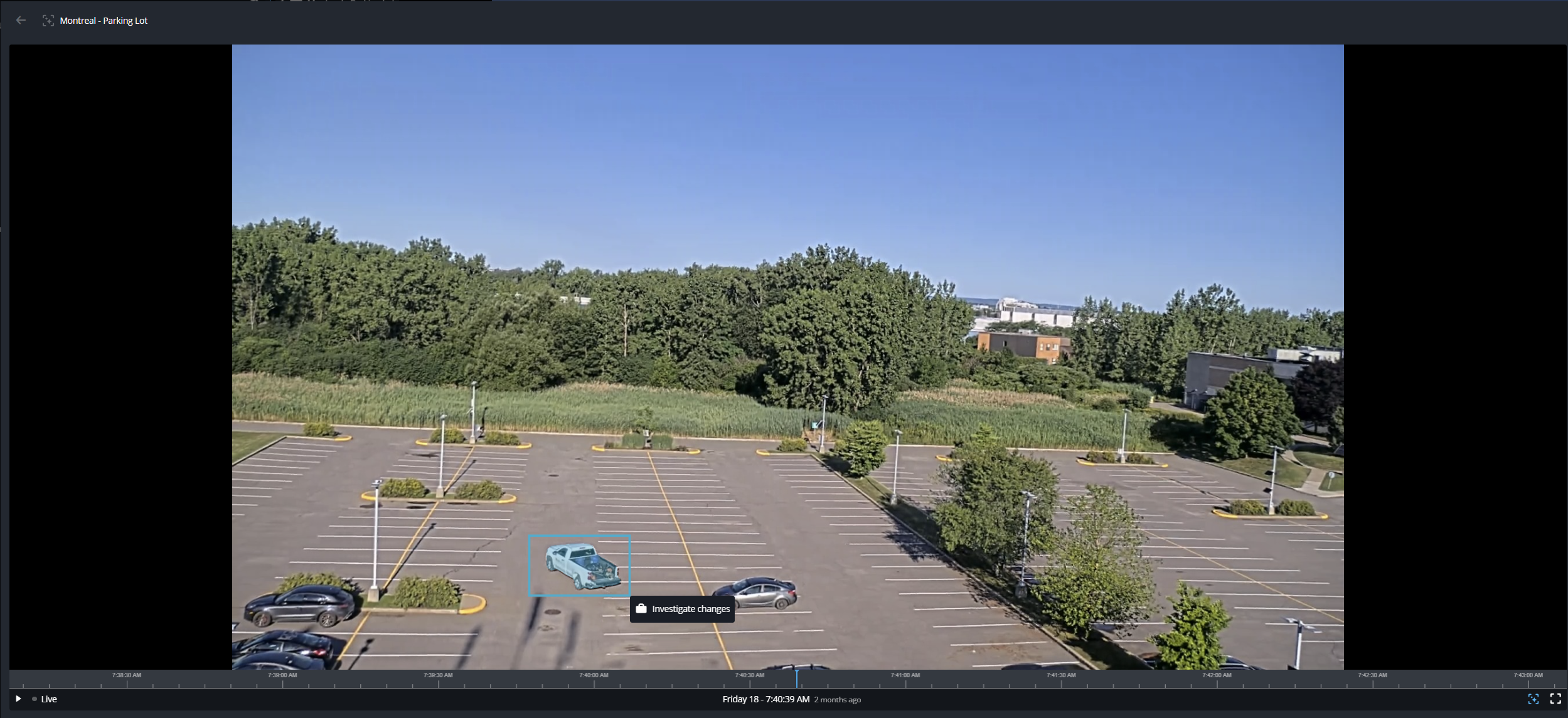 Intelligent search video player in Genetec Operation showing a vehicle selected for investigation.